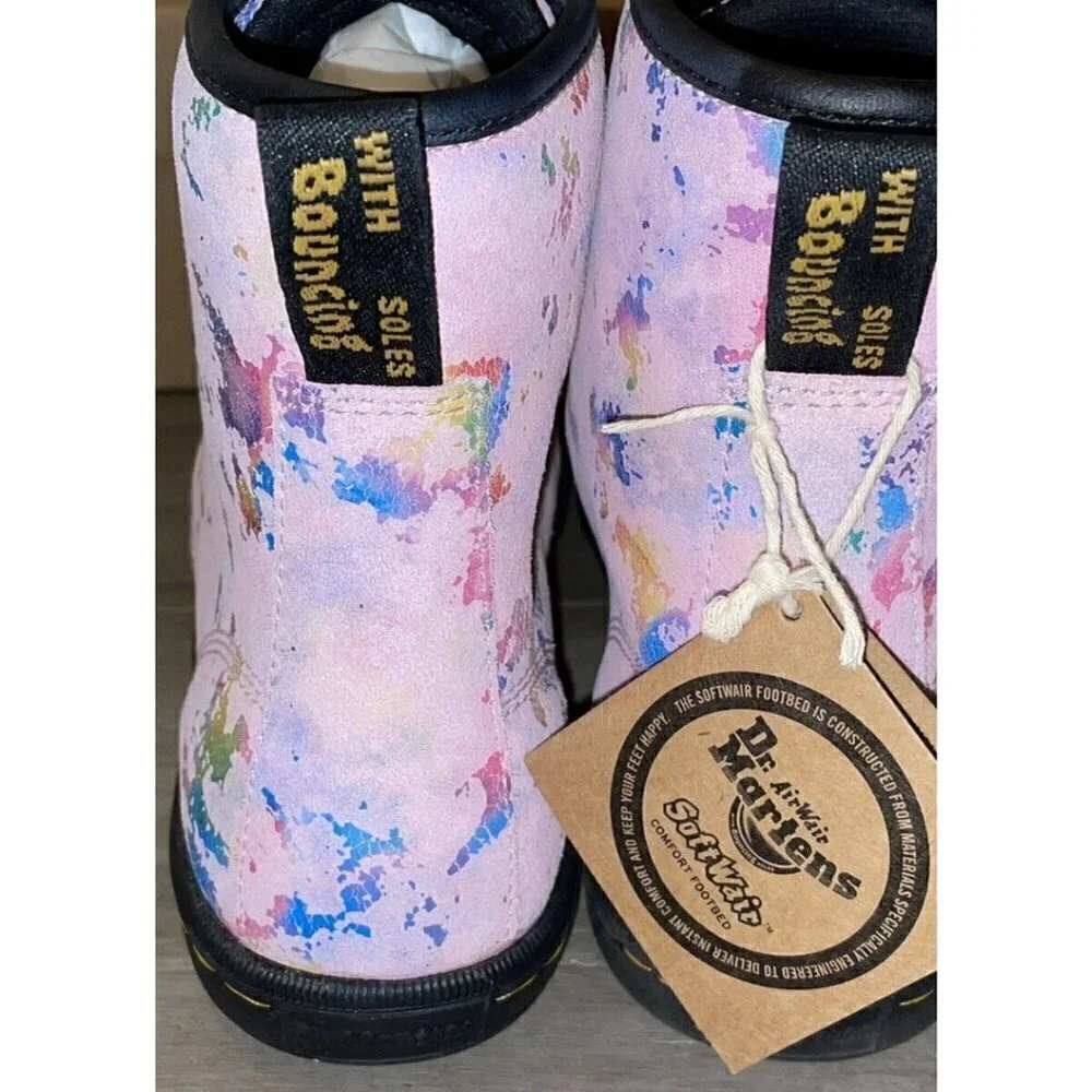 DR. MARTENS Womens Pink Sheridan Rainbow Burst SUEDE LEATHER Boot 6 New in Box